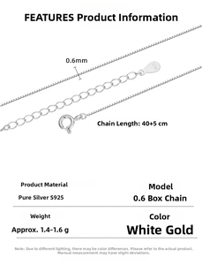 Macro detail of 0.6mm S925 sterling silver box chain with 40+5cm length and lobster clasp