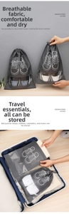 Detail of travel shoe bag with drawstring and clear window for easy identification