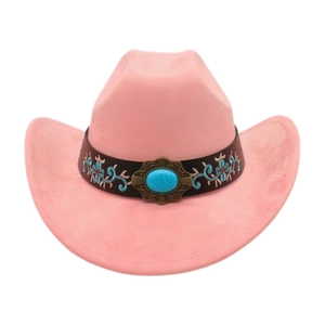 Pink western cowboy hat detail featuring floral embroidery and large turquoise centerpiece