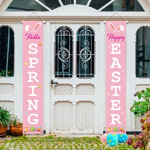 Pink Happy Easter and Hello Spring porch banners with colorful eggs for outdoor party decor