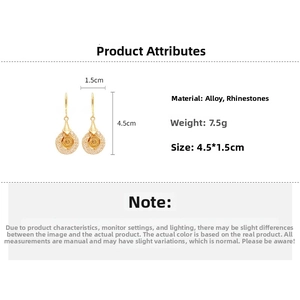 Detail showing dimensions of gold rose earrings with inlaid rhinestones and mesh pattern