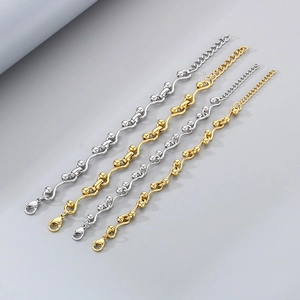 Golden and silver stainless steel hip-hop link bracelets with wavy chains and beads