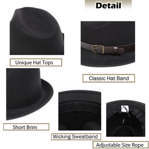 Men's black wool jazz fedora hat with vintage belt strap and adjustable inner drawstring