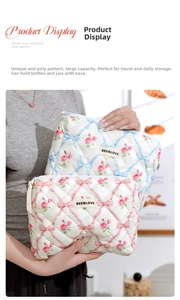 Detailed shot of quilted makeup bags with rose and ribbon prints in two sizes