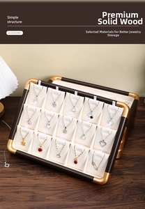 Retro walnut wood necklace display box with 15 slots and gold metal corner accents