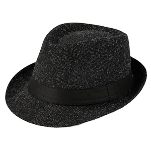 Classic men's vintage fedora hat in charcoal grey with black ribbon band on white background
