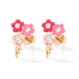 Detail of S925 silver flower stud earrings with pink enamel petals and zircon centers