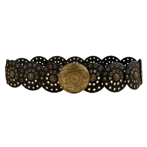 Bohemian retro wide leather waist belt with bronze metal studs and floral relief buckle