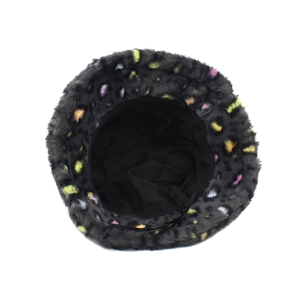 Detailed top view of faux rabbit fur bucket hat with colorful leopard print and lining