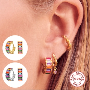 Rainbow gemstone encrusted S925 sterling silver hoop earrings in gold and silver plating