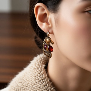 Macro view of vintage gold horse earrings with red gemstone and pavé diamonds