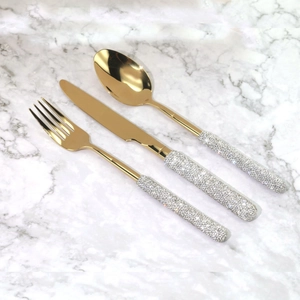 Luxury 304 Stainless Steel Cutlery Rhinestone Handle Mirror Polished Knife Fork Spoon Dining Collection