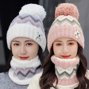 Women's winter knit beanie hat and scarf set with pompom and warm fleece lining
