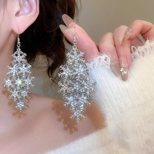 Close-up of elegant rhinestone snowflake tassel earrings worn on ear with star filter