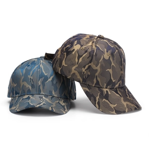 Two camouflage baseball caps in blue and brown patterns for outdoor sun protection