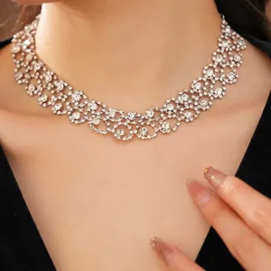 Luxury silver-tone hollow circular choker necklace with sparkling crystal rhinestones