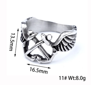 Detailed view showing nautical anchor wings ring dimensions 13.5mm by 16.5mm
