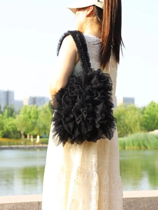 Chic black lace ruffled shoulder bag with floral frill layers for women summer fashion