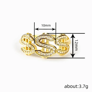 Gold dollar sign ring with sparkling zircons, 12mm width hip-hop punk style jewelry