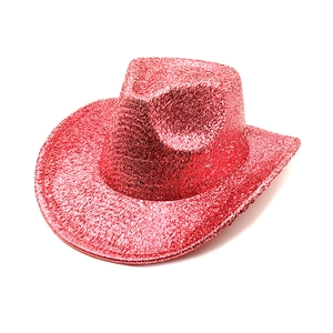 Detailed close-up view of a vibrant red glitter cowboy hat perfect for party costumes.