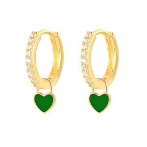 Detail of 18K gold earrings with green heart charms and white cubic zirconia