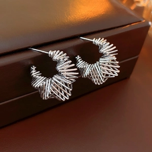 Irregular twisted hollow C-shape 18K titanium steel earrings on a leather jewelry box