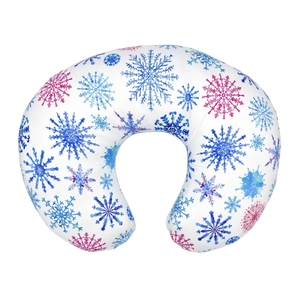 Close-up of U-shaped nursing pillow cover with blue and purple watercolor snowflake patterns