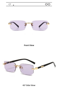 Frameless lavender rectangle sunglasses showing front and 45 degree side profile views