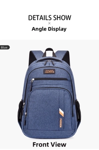 Front detail of blue waterproof nylon travel backpack with multi-layer zipper and side pockets