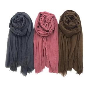 Pleated wrinkle cotton viscose scarves in grey, pink and brown with fringe edges