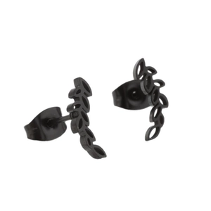 Minimalist branch leaf stud earrings in black metal finish shown on white background