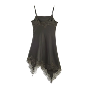 Dark grey satin camisole dress with lace trim and irregular hem on white background