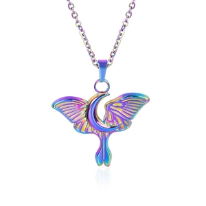 Macro shot of 18k vacuum plated moon wing necklace in iridescent rainbow titanium finish