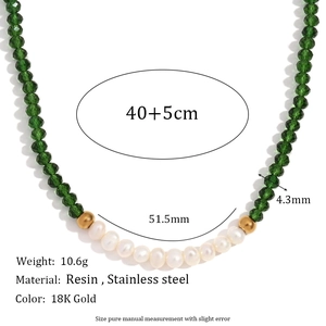 Handmade stainless steel necklace with green crystal beads and ten freshwater pearls