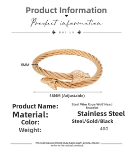 Détail du bracelet tête de loup en acier inoxydable ajustable de 58mm et 6mm d'épaisseur