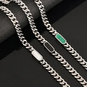 Stainless Steel Cuban Chain Necklace With Shell Malachite Oval Inlay Retro Hip Hop Minimalist Jewelry For Men Women
