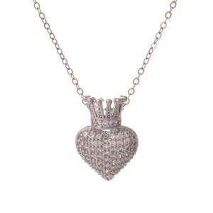 Silver heart pendant necklace with crown detail and shimmering zircon micro-paving