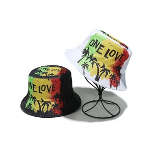 One Love Bucket Hat With Palm Tree Silhouette Rasta Gradient Colors Summer Beach Sun Protection Polyester For Adults