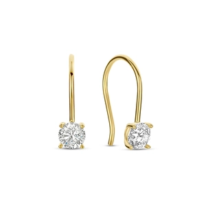 Detailed view of gold C-shape silver earrings featuring a round brilliant-cut diamond setting