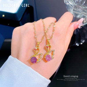 Elegant titanium steel swan necklace with purple crystal and pave diamond setting
