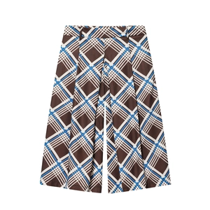 Pantalon large à carreaux à taille haute avec motif en damier marron et bleu