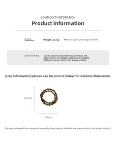 Macro view of Tiger Eye stone beads with copper zircon details and product specifications