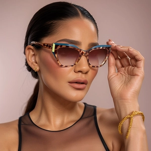 Close-up of leopard print cat eye sunglasses with gradient brown lenses on a female model