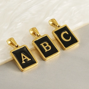 Square Initial Letter Pendant Necklace 18K Gold Plated Stainless Steel Black Enamel Alphabet Monogram Jewelry For Women