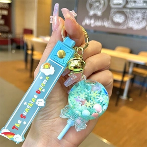 Dettaglio del portachiavi a lecca-lecca con unicorno blu e cinturino in silicone stampato