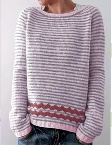 Detail of crewneck knit sweater showing pink, purple stripes and wavy hem pattern