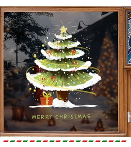 Vue détaillée du sticker de Noël en forme de sapin dessiné avec boîte cadeau sur vitre