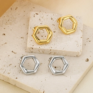 Fashionable 18K gold plated stainless steel hexagonal hollow hoop earrings in gold and silver