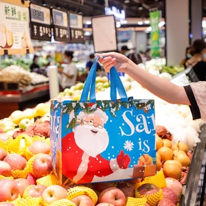 Close-up of a blue Christmas gift bag featuring a Santa Claus print and textile handle