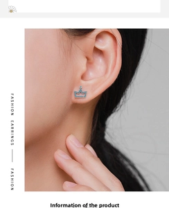 Close-up of s925 silver crown stud earring with micro-set turquoise stones on ear